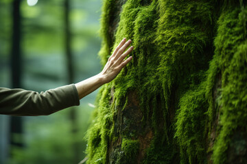 Person is seen touching tree trunk covered in moss. This image can be used to portray connection...