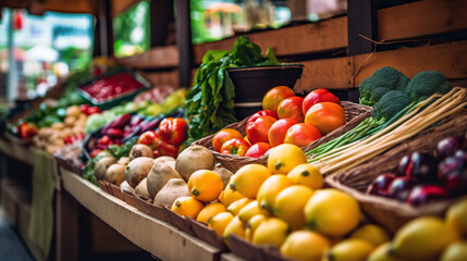 Fototapeta na wymiar Vibrant fruits and vegetables at the Local Farmers Market: Harvest Delights