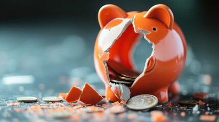 Close-up of a broken piggy bank symbolizing financial loss during a global economic crisis - obrazy, fototapety, plakaty