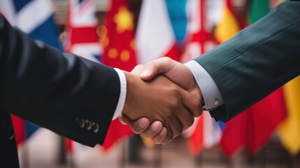 Close-up of a businessperson's hand shaking over an international trade contract, flags of different countries in the background - obrazy, fototapety, plakaty