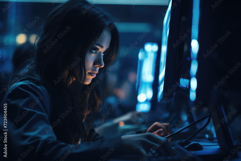 Poster woman is seen typing on computer keyboard in dark room. this image can be used to depict working lat