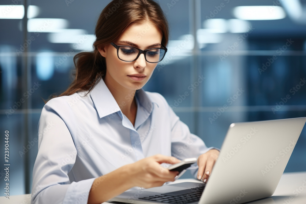 Poster woman sitting at table using laptop computer. suitable for technology and remote work concepts