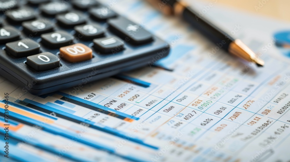 Wall mural Close-up of a financial report comparing currency values, pen and calculator beside