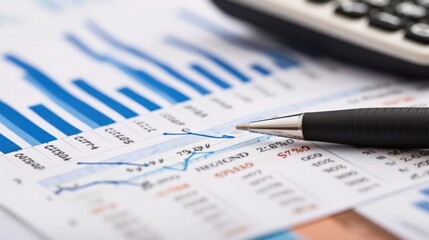 Close-up of a financial report comparing currency values, pen and calculator beside