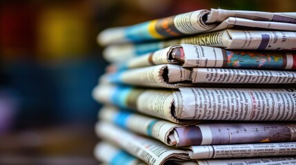 Close-up of a stack of financial newspapers focusing on global economy news - obrazy, fototapety, plakaty