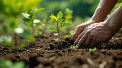 Close-up of an entrepreneur's hands planting a tree, representing sustainable economic development