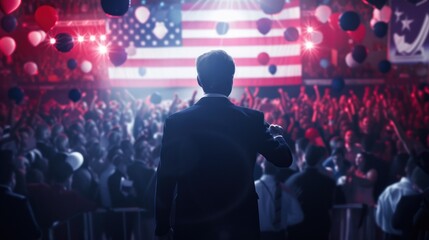 Depiction of a candidate's political rally with a keynote speech, large banners, and an energetic...