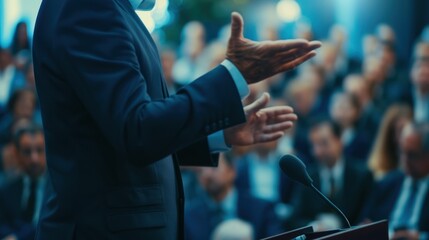 Detailed view of a business leader giving a speech on strategies to combat global economic challenges