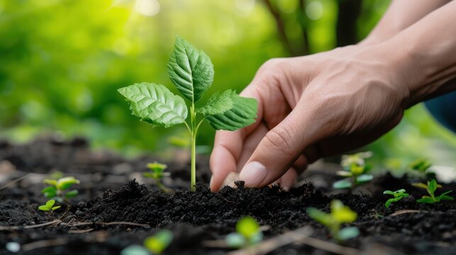 Close-up of hands planting a sapling with a background of financial reports on sustainable investments