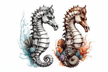 Front view of aesthetic seahorse illustration or cartoon
