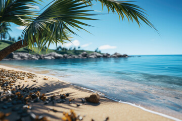 Picturesque palm tree standing on sandy beach next to sparkling ocean. This image is perfect for travel brochures, tropical vacation advertisements, or beach-themed designs