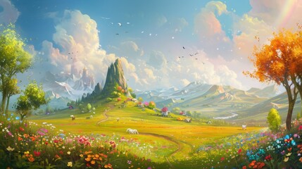 Fantasy landscape with mountains, meadows and flowers