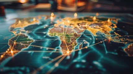 Detailed view of a world map on a corporate strategist's table, marked with multinational supply chain routes - obrazy, fototapety, plakaty