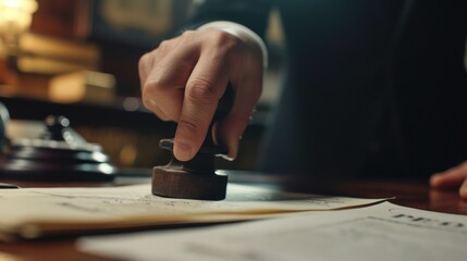 Macro shot of a central bank official's hand stamping a policy approval, important documents underneath