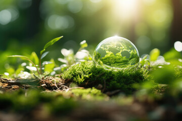Glass ball sitting on top of lush green field. This image can be used to represent nature, tranquility, and beauty of outdoors