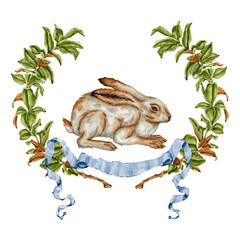 Watercolor vintage hare with magnolia clipart Illustration
