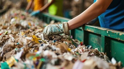 Macro shot of hands sorting waste in a recycling facility, economic analysis of recycling industry in the background