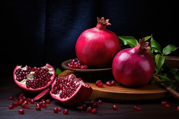 pomegranates on wooden board