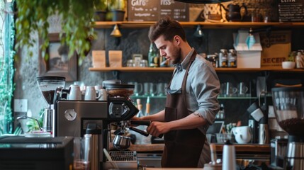 Zoomed-in image of a barista at a coffee shop, background showing economic impact of service industry - obrazy, fototapety, plakaty