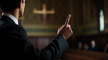 Prosecutor's speech in court. He actively gestures, focusing attention on the facts. The prosecutor's animated gestures complement their powerful speech, leaving a lasting impact in the courtroom.