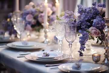wedding table scene with flowers and place settings