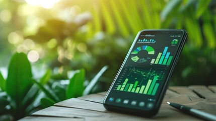 Zoomed-in image of a smartphone displaying an app for tracking personal carbon footprint, green investments in the backdrop - obrazy, fototapety, plakaty