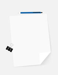 A white sheet with blue pen and paper clip. Template for your design.