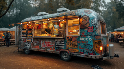 Picture a food truck mock-up at a lively outdoor music festival. The truck is decorated with bold,  