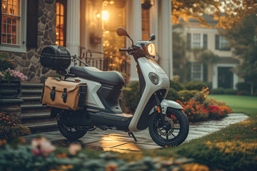  a fast food delivery scooter parked in front of a quaint suburban home.