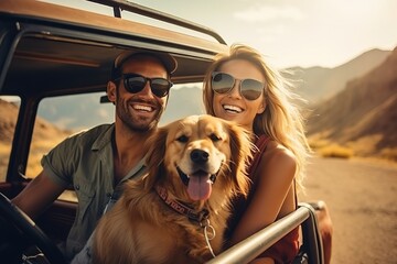 Joyful road trip! Couple with a happy dog on a desert adventure in a vintage van, embracing the wanderlust life