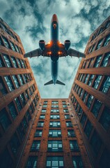 an_airplane_flying_over_buildings