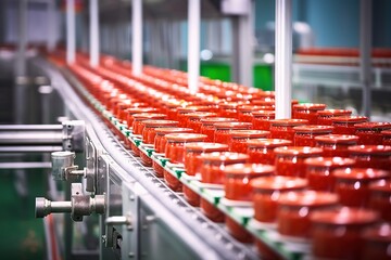 Vibrant assembly line showcasing rows of red jars in a sterile factory setting - the epitome of mass production efficiency
