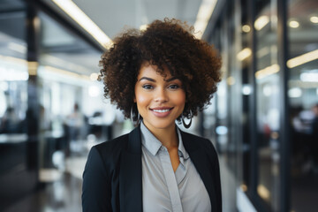Fototapeta premium Woman standing in office with smile on her face. Suitable for business-related content