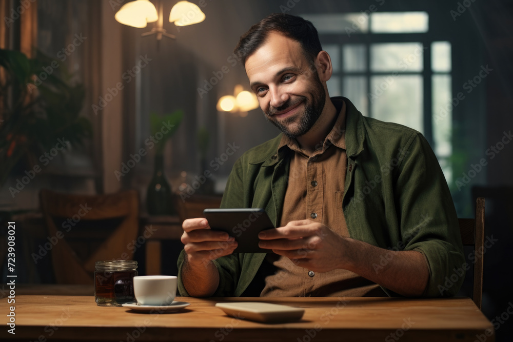Poster Man sitting at table using tablet computer. Suitable for technology and business-related concepts