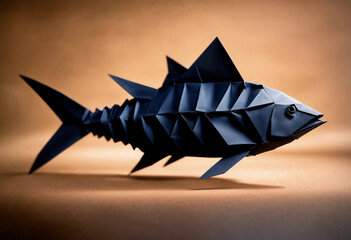 black origami fish on a plain background