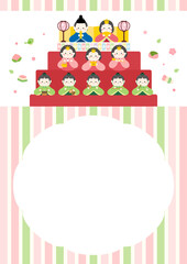 ひなまつりのベクターイラスト。日本の春の行事、3月のひな祭りに欠かせない花や食べ物、雛人形をあしらったコピースペースのあるフレームのイラスト