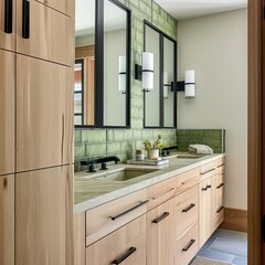 A Relaxing bathroom featuring natural wood, stone countertops, green glass tiles.