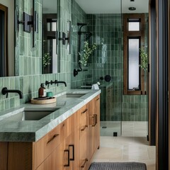 A Relaxing bathroom featuring natural wood, stone countertops, green glass tiles.