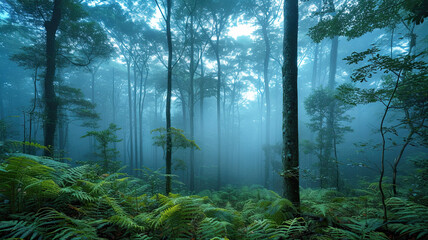 Foggy forest at dawn. The forest floor blanketed with leaves and ferns