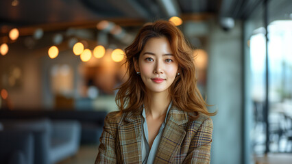 Obraz premium Portrait of a smiling young Asian businesswoman standing and looking at the camera in a blurred office background.