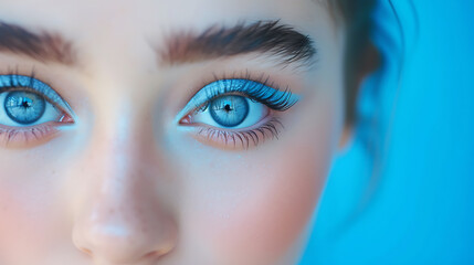 Fototapeta premium Close up portrait beautiful young lady blue eyes with light blue color long eyelashes, make up cosmetics beauty ad concept