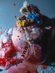 Broken hearts with flowers
