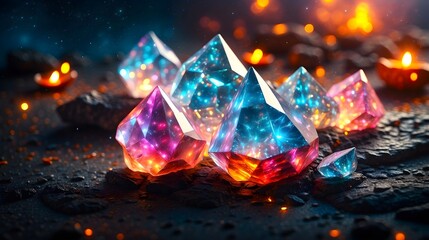 Background of multi-colored, colorfull, shiny, glass, precious or semi-precious stones, fire sparkles AI Generated 