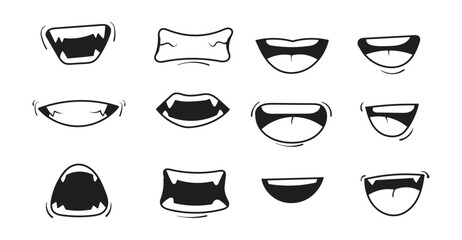 Cartoon mouth set. Hand drawn doodle mouth, tongue caricature emoji icon. Funny comic doodle style. Vector illustration. - obrazy, fototapety, plakaty