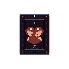 Astrology Horoscope black card with Gemini zodiac symbol and sign vector design, two beautiful girls same women portrait