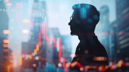 the businessman in a silhouette double exposure, in the background is stock chart. stylish in the style of double exposure