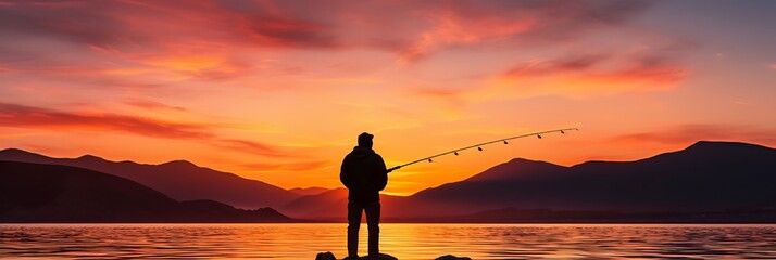 Man serenely fishing on river bank, tranquil beauty, banner with ample space for text