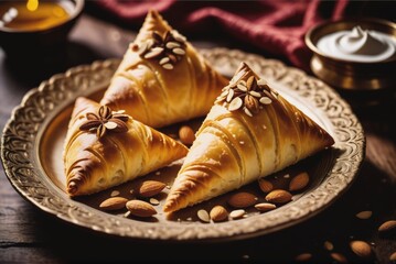 Samsa Algerian samsa is a sweet pastry resembling a small triangle or cone, filled with almonds, honey by ai generated