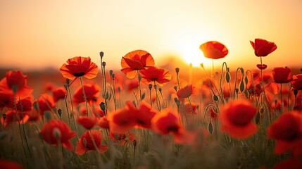A sea of red poppies swaying in the breeze during the golden hour of sunset. 