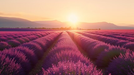 Endless lavender fields in the early morning light, with the rising sun 